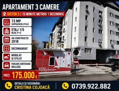 Sector 3 Apartament 3 camere Metrou 1 Decembrie mobilat si utilat + Parcare  subterana inclusa - foto 1